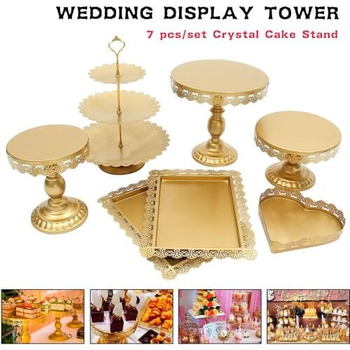 7 Piece Gold White Cake Stand Set Round Metal Crystal Cupcake Dessert Display Pedestal Wedding Party Display
