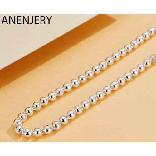 ANENJERY 925 Sterling Silver Simple Fashion Beads Chain Necklace For Women Men Couple Jewelry Gifts S-N590