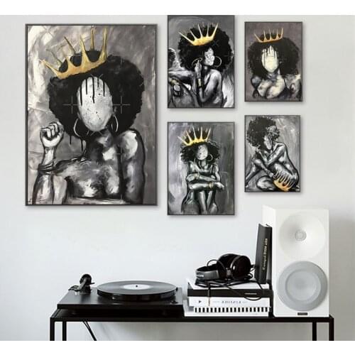 Black African Nude Woman Oil Painting Golden Crown Girl Wall Art Canvas Poster Scandinavian Cuadros for Living Room Home Decor