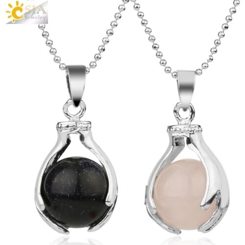 CSJA Natural Pink Crystal Quartz Pendant Reiki Healing Round Ball Bead Stone Hand Palm Pendants Necklaces Women Men Jewelry G139