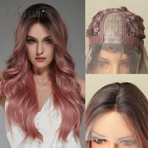 EASIHAIR Long Pink Wave Synthetic Wigs Hairline Lace Part Wigs for Women Colorful Cosplay Wig Heat Resistant Daily Party Wedding