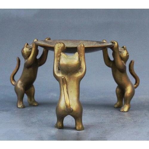Chinese Tibet Brass Animal oil lamp Candle Holder Candlestick 3 Cat Statue