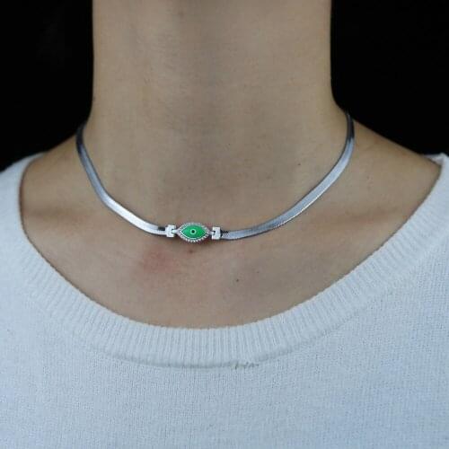 Iced out short necklace with enamel eye charm choker necklace gold silver color hip hop flat Herringbone Snake Chain necklace