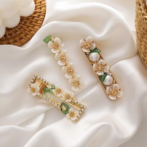 Fashion Crystal Shell Pearls Flower Green Leaves Hairpins Cute Gold Color Duckbill Clip Wedding Jewelry Hair Accessories YHA052
