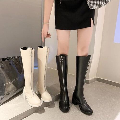 2021 autumn and winter new British style thick heel high-top knight boots front zipper white long boots