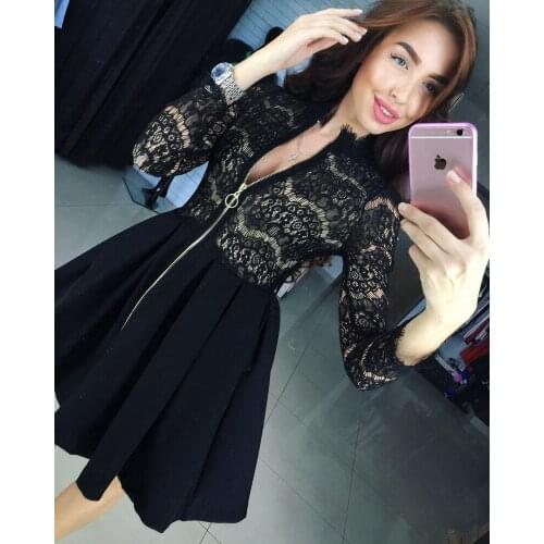SKMY New Autumn And Winter Black Dress Lace Patchwork High Waist Long Sleeve Elegant Stand Collar Zipper A-Line Evening Dresses
