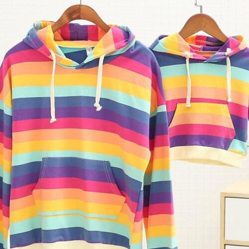 Mommy and Me Hooded Rainbow Hoodies Family Matching Outfits Mother Daughter Sweatshirt Long-sleeved Cotton Stripe Tops Clothes