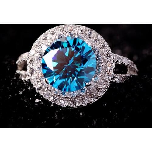 Luxury Female Natural Blue Aquamarine Ring Real 925 Sterling Silver Engagement Ring Dainty Round Crystal Wedding Rings For Women