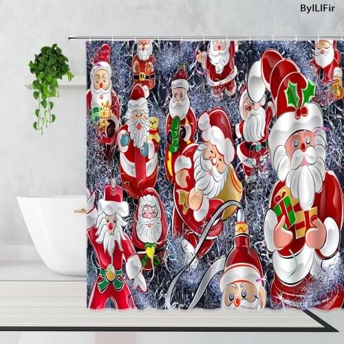 Christmas Shower Curtains Funny Snowman Snowflake Gift Santa Claus Holiday Decor Background Bathroom Bath Curtain Set With Hooks