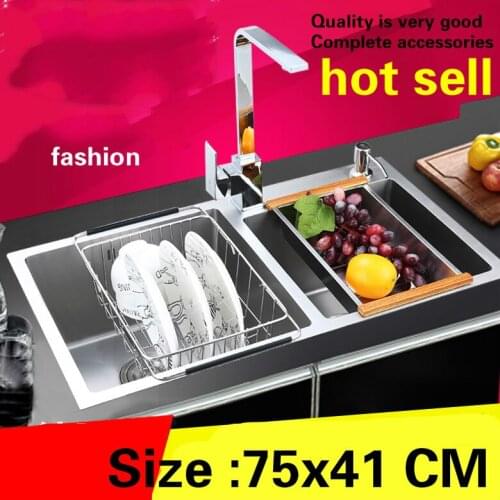 Free shipping Apartment kitchen manual sink double groove food grade durable 304 stainless steel standard hot sell 75x41 CM