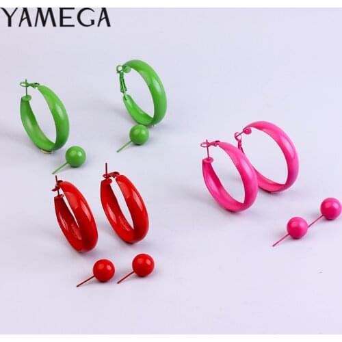 2 Pair Lot Painted Metal Trendy Hoop Earrings Pearl Gold Hoops Earring Set Green Fashion Jewelry Colorful Red Earrings For Women