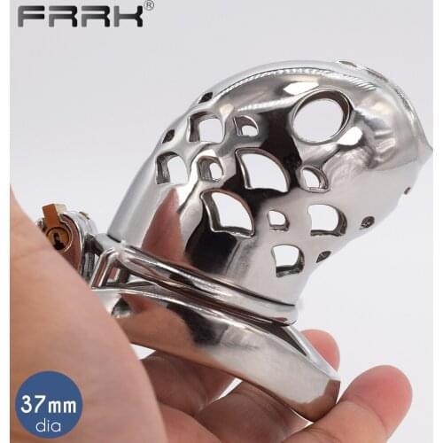 FRRK 37mm Fish Chastity Cock Cage for Male Bondage Belt BDSM Device Sissy Sex Shop Lovetoys Steel Penis Ring Keuschheitsgurtel