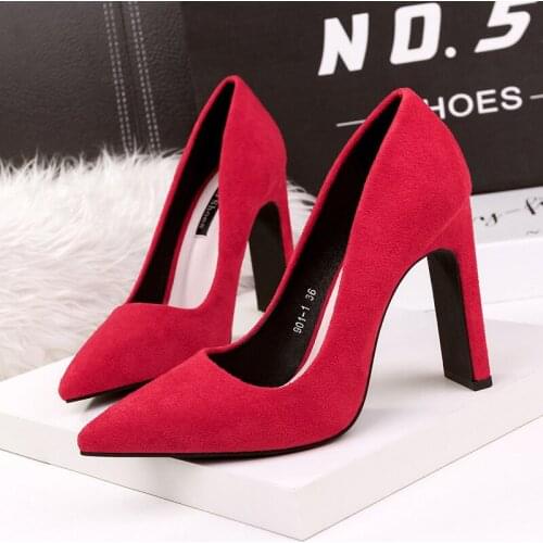Women pumps Flock Slip On 10.5CM Thin Heels High heels Pointed Toe Shallow shoes for women women shoes 2020 size 35-42 black