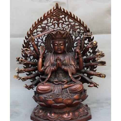 USPS to USA S1617 17" Tibet Pure Bronze Pray Bless 18 Hands Kwan-yin QuanYin Buddha Seat Statue (B0328)