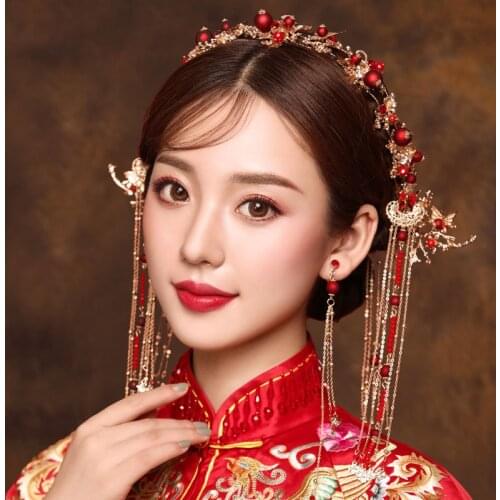 Vintage Red Pearl Crown Hairpins for Bride Tranditional Wedding Headpieces Tassels Hair Sticks Gold Bridal Tiara Headbands GZ371