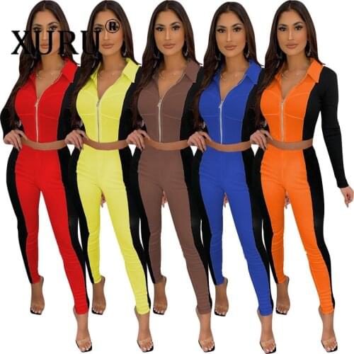 XURU New Style European and American Womens Jumpsuit Two-piece Ribbed Stitching Sports Jumpsuit