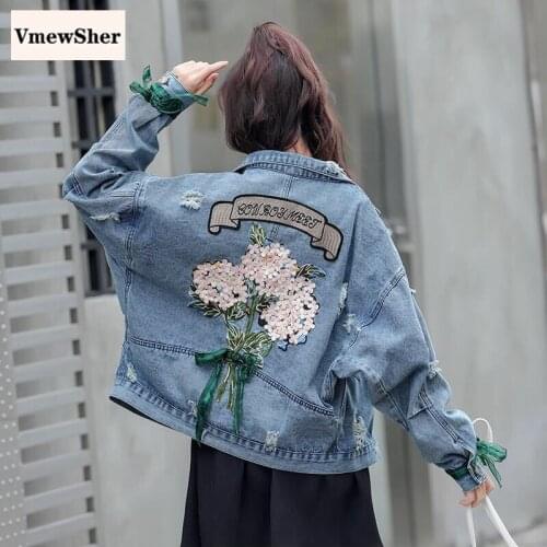 VmewSher New Flower Long Sleeve Women Denim Jeans Jacket Autumn Spring Female Floral Coat Fashion Chic Casual Outerwear 2020