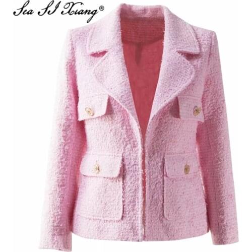 Seasixiang Fashion Designer Autumn Wool Jackets Women Turn-down Collar Long Sleeve Covered Button Pink Tweed Outerwear
