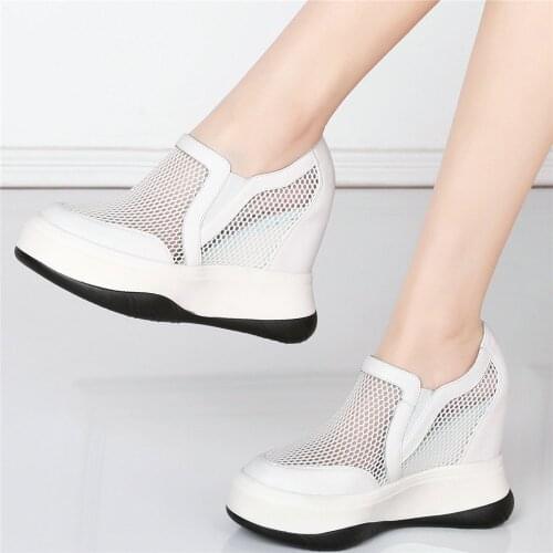 Summer Sneakers Women Genuine Leather Wedges High Heel Ankle Boots Female Breathable Mesh Round Toe Platform Pumps Casual Shoes