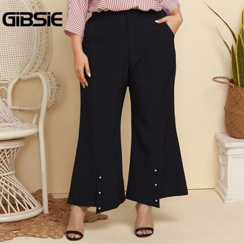 GIBSIE Plus Size Womens Trousers Pearls Beaded Wide Leg Pants Women Autumn Solid Pocket Elegant Office High Waist Lady Pants