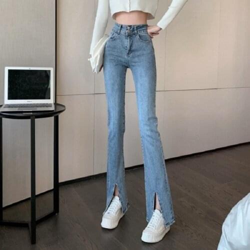Womens Slim Jeans 2021 Spring New High Waistline Straight Split Jeans Fashion Show Slim Pants Trend