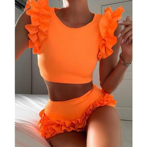 2020 Women Spring Orange Sleeveless Ruffles Elastic O-Neck 2 pcs Sets Crop Tops + Shorts Women Beach Playsuit