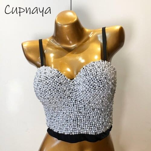 Cupplee Women Front Full Pearls Crop Top Spaghatti Strap Bustier Sexy Ladies Inside Corset Bralette Vest Tanks White Black