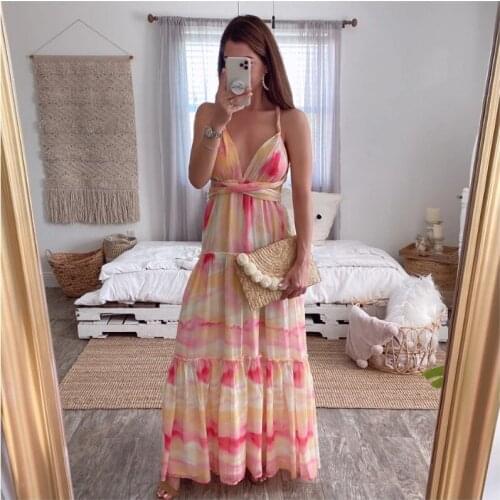 Summer Sexy Backless Strap Maxi Long Dress Women Gradient Deep V Multi Lace Up Bandage Irregular Dress Casual Party Vestidos