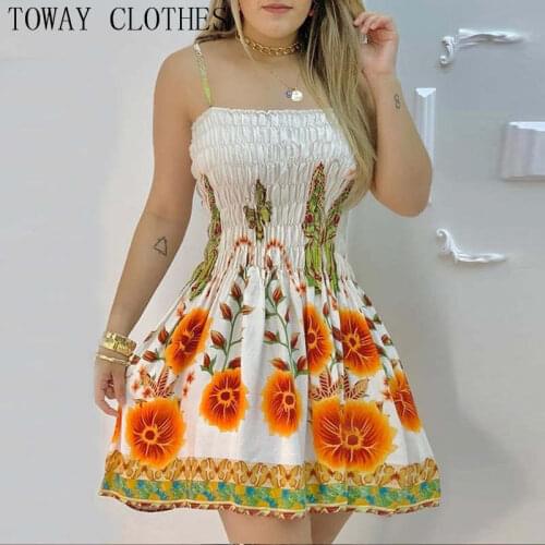 Women Summer Spaghetti Strap V Neck Sweet Floral Print Spaghetti Strap Shirred Dress