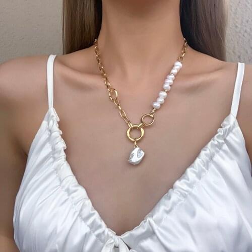 AENSOA Vintage Baroque Irregular Pearl Long Chains Lock Necklace Fashion 2021 Geometric Pendant Necklaces for Women Punk Jewelry