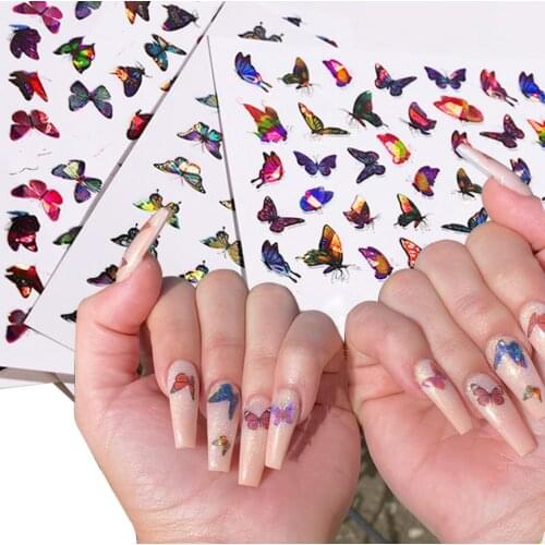 1pcs Laser Butterfly 3d Nail Art Sticker self-adhesive Colorful Gradient Nail Transfer Decal DIY Manicure Decoration Accessories