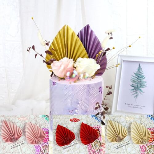 2pcs Paper Fan Cake Topper Gold Palm Leaf Birthday Party Decoration Cake Insert Birthday Picks Topper Flags Cake Decorating Tool