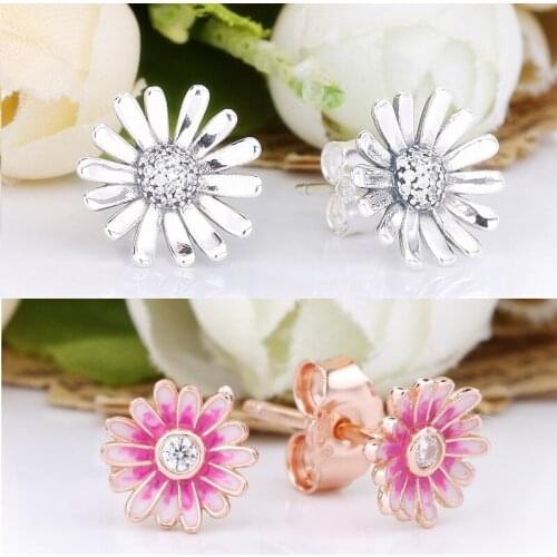 2021 New Free Shipping Authentic 925 Sterling Silver Pink Daisy Flower Stud Earrings For Women DIY Jewelry S925 Shine Earring