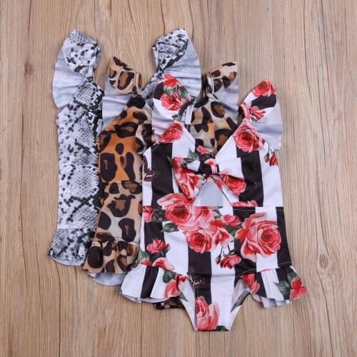 2021 Newest Arrival Baby Summer Swimwear Leopard/Snake/Floral Print Ruffle Sleeve V-Neck Hollow Out Swimsuit for Toddlers Girls