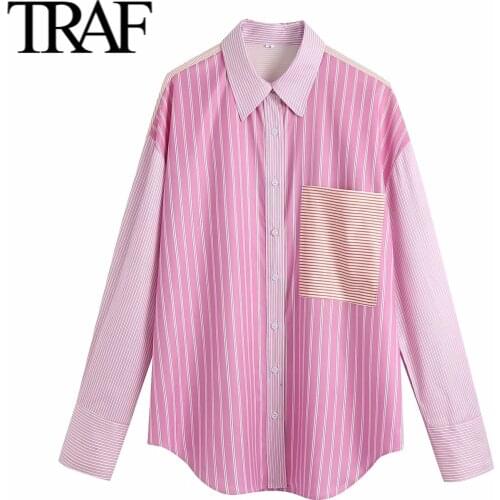 TRAF Clothes Women 2021 Spring Autumn Button Up Shirt Korean Fashion Striped Long Sleeve Blouses Oversized Poplin Ladies Tops