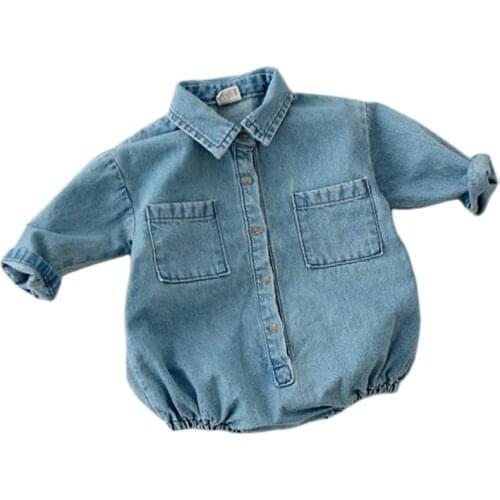 2021 Korean Toddler Kids Girls Baby Boys Denim Clothes Long Sleeve Bodysuit Solid Spring Autumn New Jumpsuit Outfit Baby Clothes