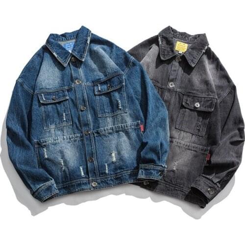 Spring new Japanese retro tooling denim jacket mens multi-pocket loose casual jacket