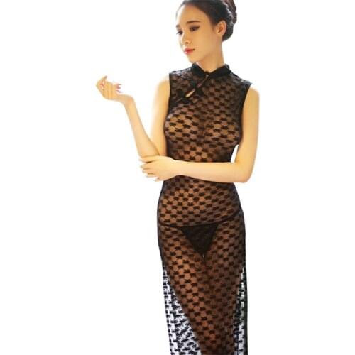 Elegant Womens Nightgowns Sexy Sleepwear Vintage Cheongsam Sleeveless Night Dress Sex Lingerie See-through Sleeping Dress Black