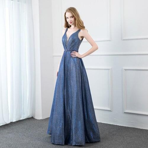 Sparkling Blue Long Prom Dresses V Neck Stones Formal Party Dress Aline Evening Gown Backless In Stock