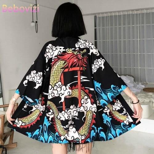 INS 2020 New Blue Black Chinese Dragon Print Harajuku Japanese Fashion Kimono Women 2020 Cardigan Blouse Beach Clothes Samurai
