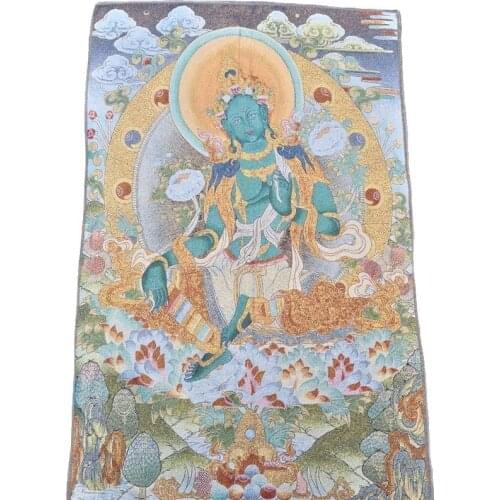 China old Tibet silk Thangka like hanging painting fengshui green Tara Buddha portrait