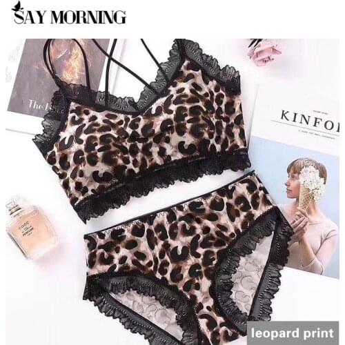 SAY MORNING Leopard Seamless Lace Thin Straps Vest Printed Ice Silk Back Bra Fashion Comfortable Back Underwear Underwear Set