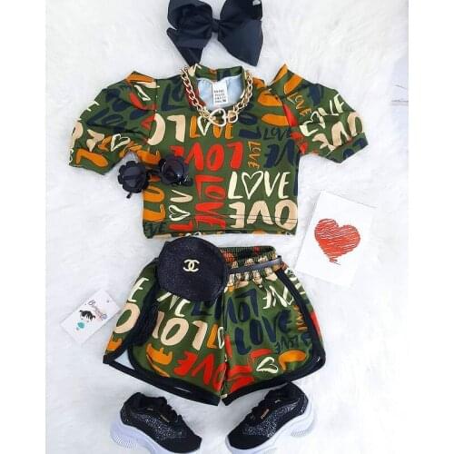 2021 New Baby Girls Clothes Sets Kids Letter Printed Short Puff Sleeve T-shirt Tops and Short Pants Casual Children Outfits 1-6Y