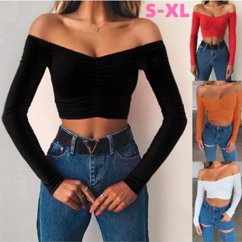 Kuelawear Casual Tops Womens Solid Color Frill Front Knit Long Sleeve LadiesFashion Off Shoulder Shirts Strapless Bottoming Top