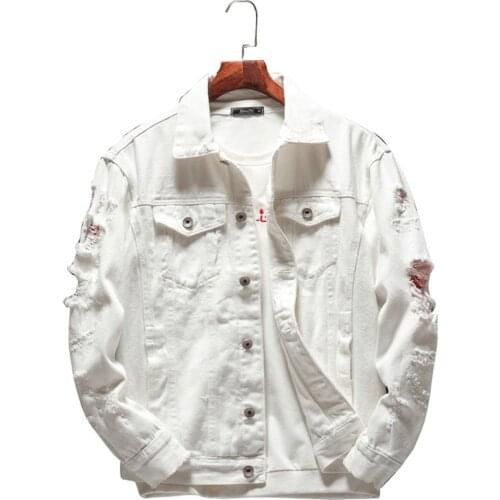 New Korean Jean Jackets Locomotive White Denim Jacket Male Rivet Personality Trend Couple Holed Slim Denim Coats Plus Size