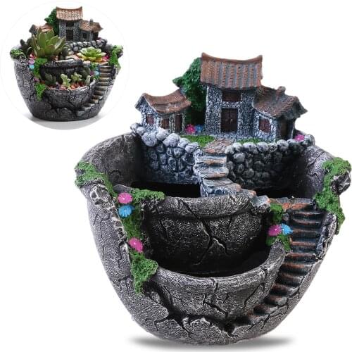 Micro Landscape Artificial Flowers Succulent Plants Pot Tiny Creative Flower Pot Holders Hanging Garden & Sweet House (Silver)