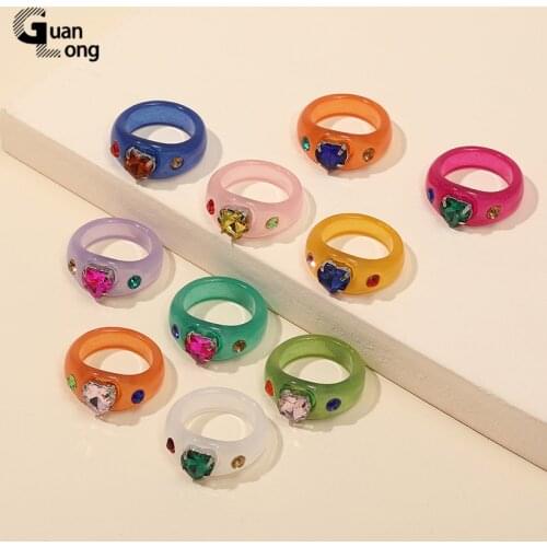 GuanLong Fashion Acrylic Heart Shaped Rhinestone Rings for Women Big Transparent Beautiful Rings Girls Colorful Romantic Female