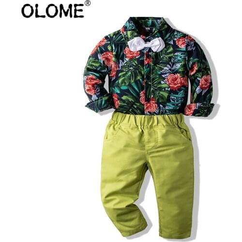OLOME Fashion Kids Boys Shirt Sets Bow Tie Children Clothing Set Floral Baby Girls Long Sleeve Suits 2-piece Toddler Pants