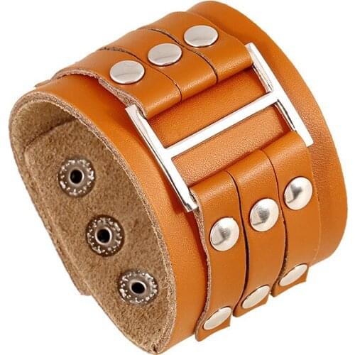 Light Brown Genuine Leather Metal Alloy Punk Wrap Bracelets For Men Women New Arrival Adjustable Charm Bracelets