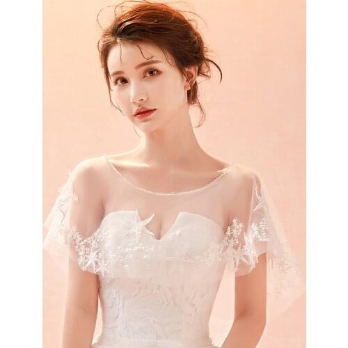 Women Ivory Wedding Bridal Cape Beaded Applique Elegant Soft Formal Tulle Evening Prom Cape High Low Star Lace Shawl Accessory